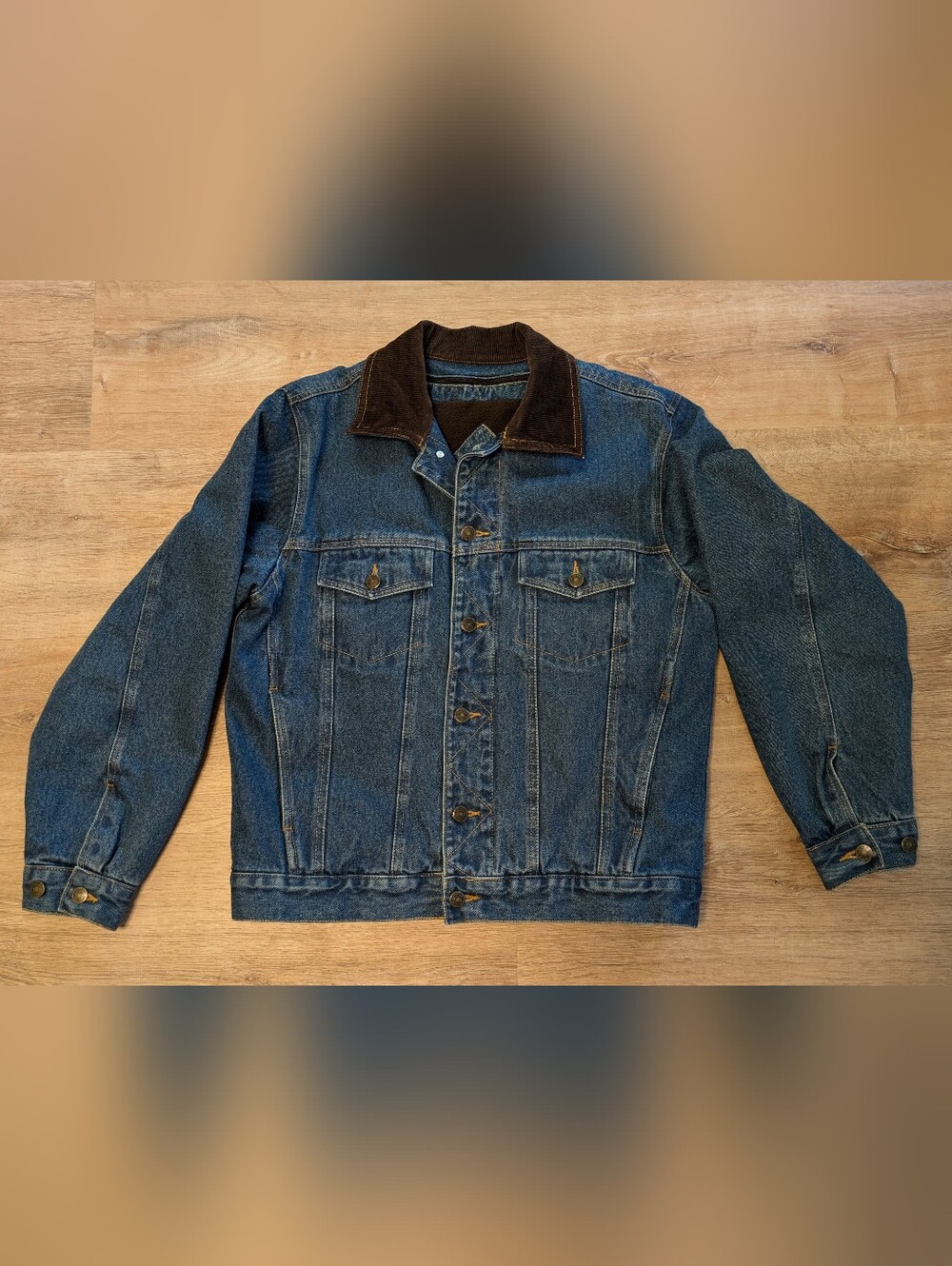 Vintage Fleece Lined Denim Jacket with Brown Corduroy Collar - Classic Blue